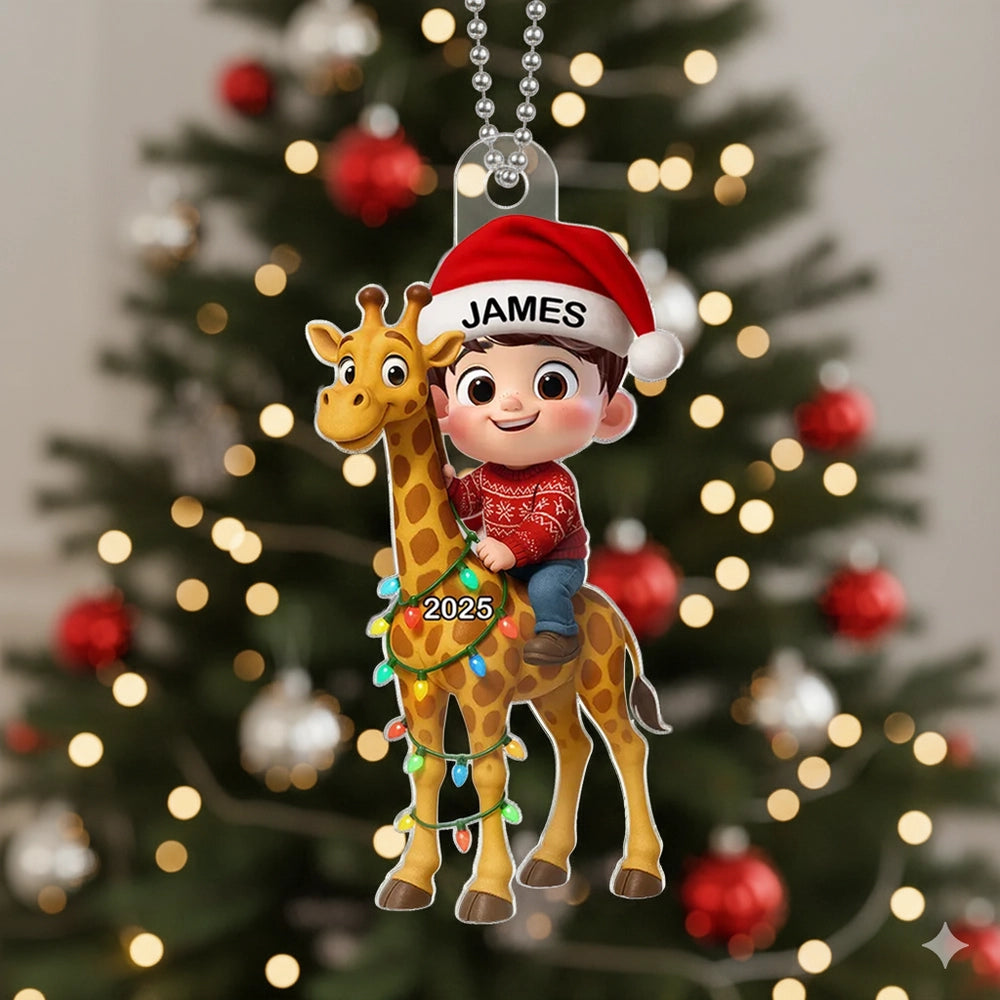 Cute Acrylic Ornament of Boy with Giraffe, Holiday Cheer, Gift-Ready Keepsake for Family and Friends