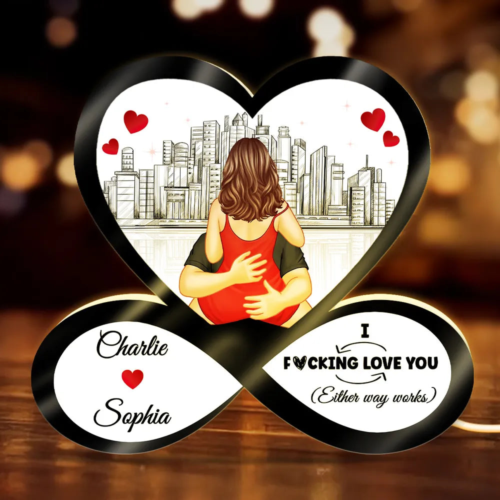 Funny Romantic Couple Acrylic Light Box, Personalized Infinity Heart Skyline Design - Warm Glow Keepsake Gift for Couples