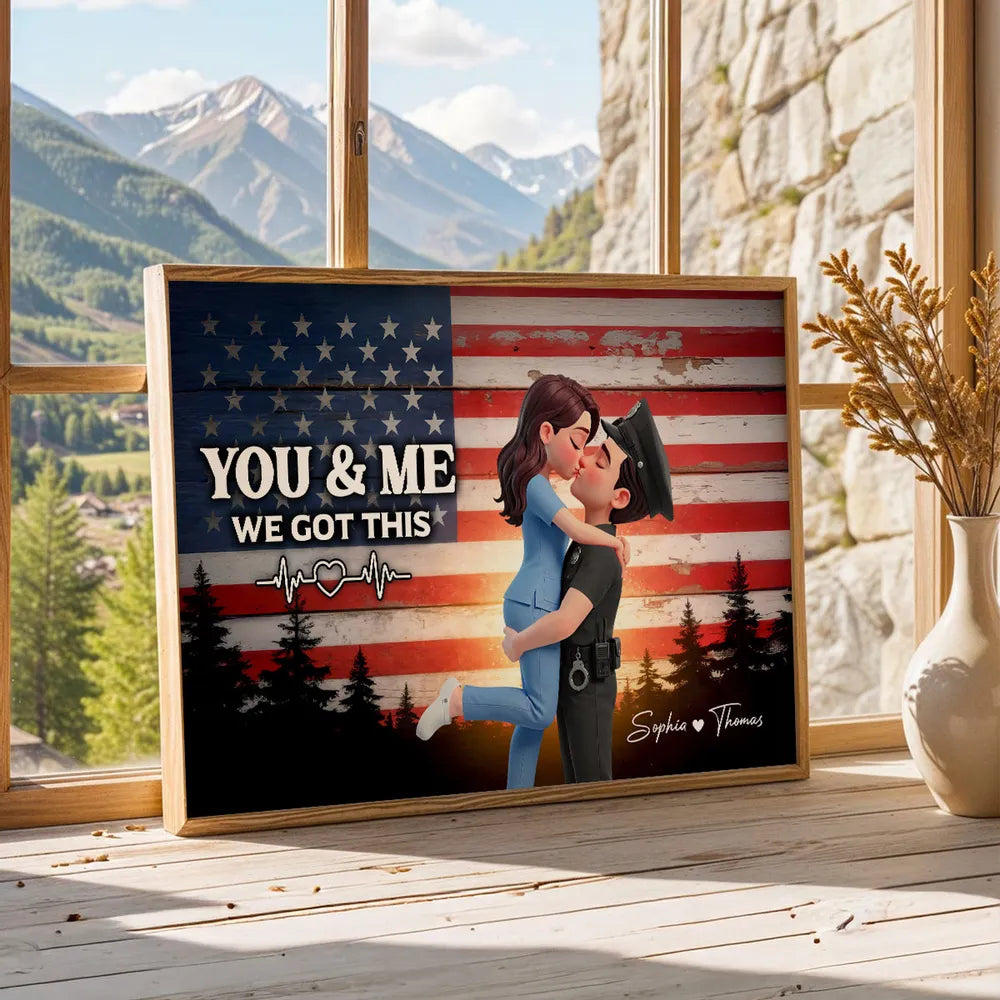 Personalized Poster of a Kissing Hero Couple on American Flag Background - Unique Gift for Couples to Say You & Me We Got This