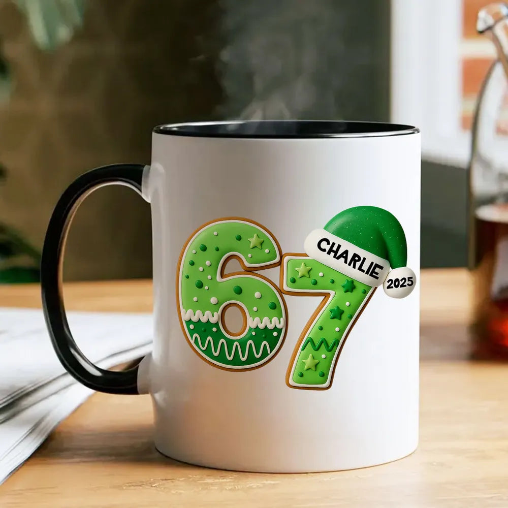Personalized “67” Christmas Mug with Cute Cookie Design, Custom Name Holiday Gift for Kids, Teens & Grandkids