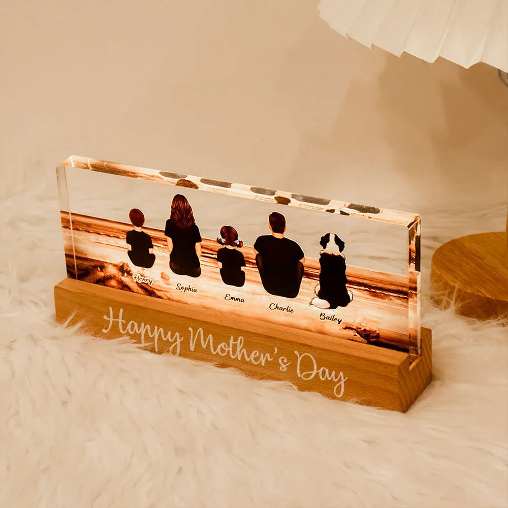 Family Sitting Back View Retro Vintage Beach Landscape Block LED Light Plaque, Mother's Day Gift Featuring Children and Pets
