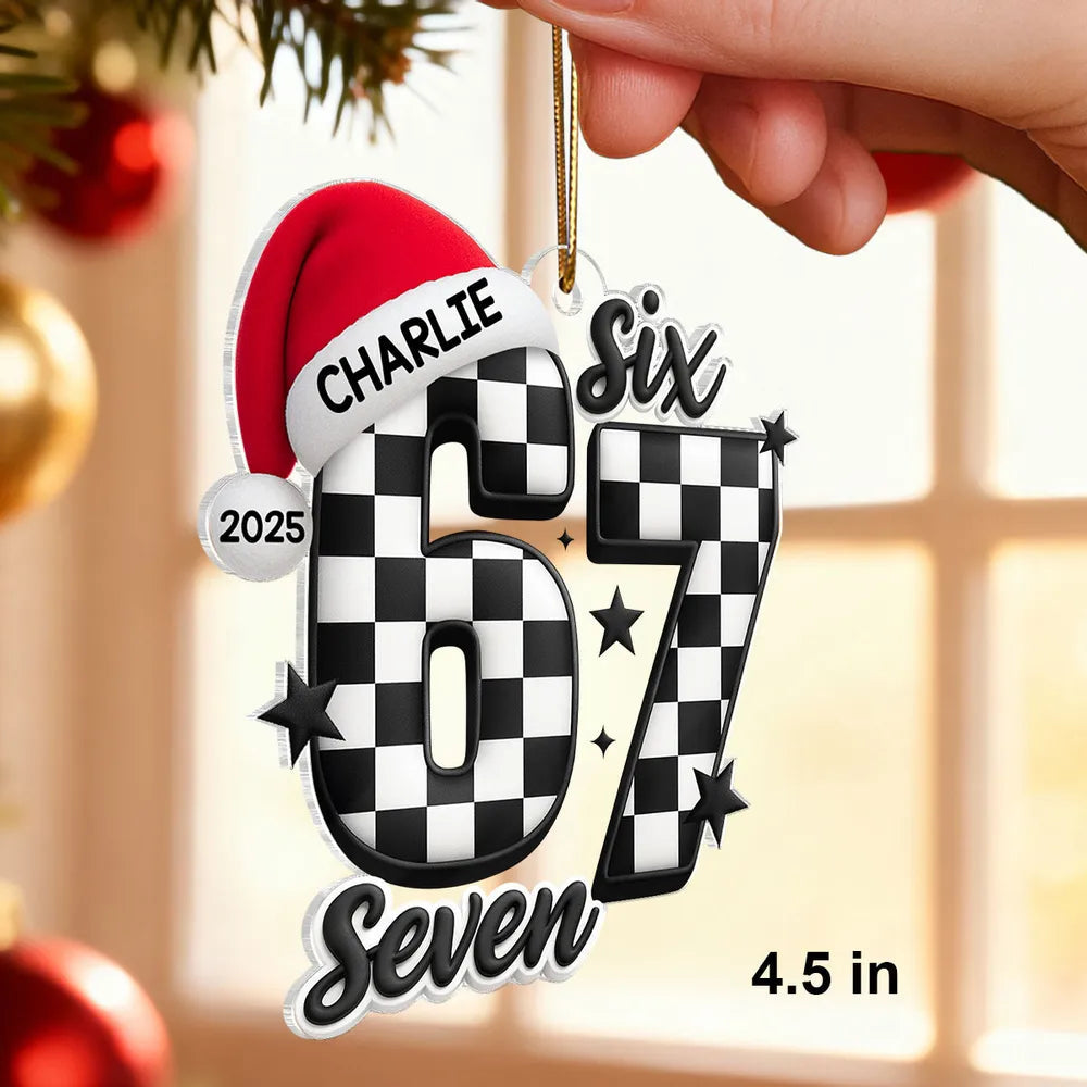 Personalized Acrylic Ornament with Checkered 67 and Santa Hat – Custom Kids Christmas Decor and Unique Holiday Gift