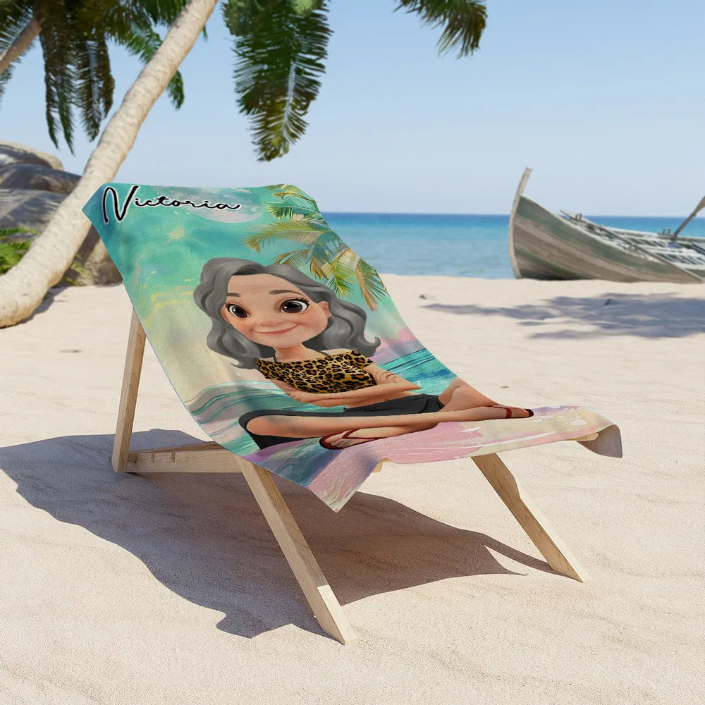 Personalized Beach Towel with Cartoon Girl – Summer Beach Gift for Her, Custom Name Towel for Vacation and Pool Days
