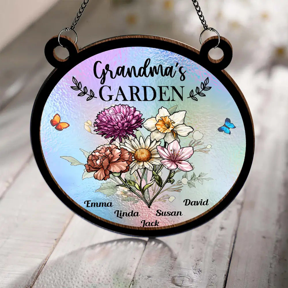 Personalized "Grandma’s Garden" Ornament – Custom Wood and Acrylic Layered Ornament for Grandma