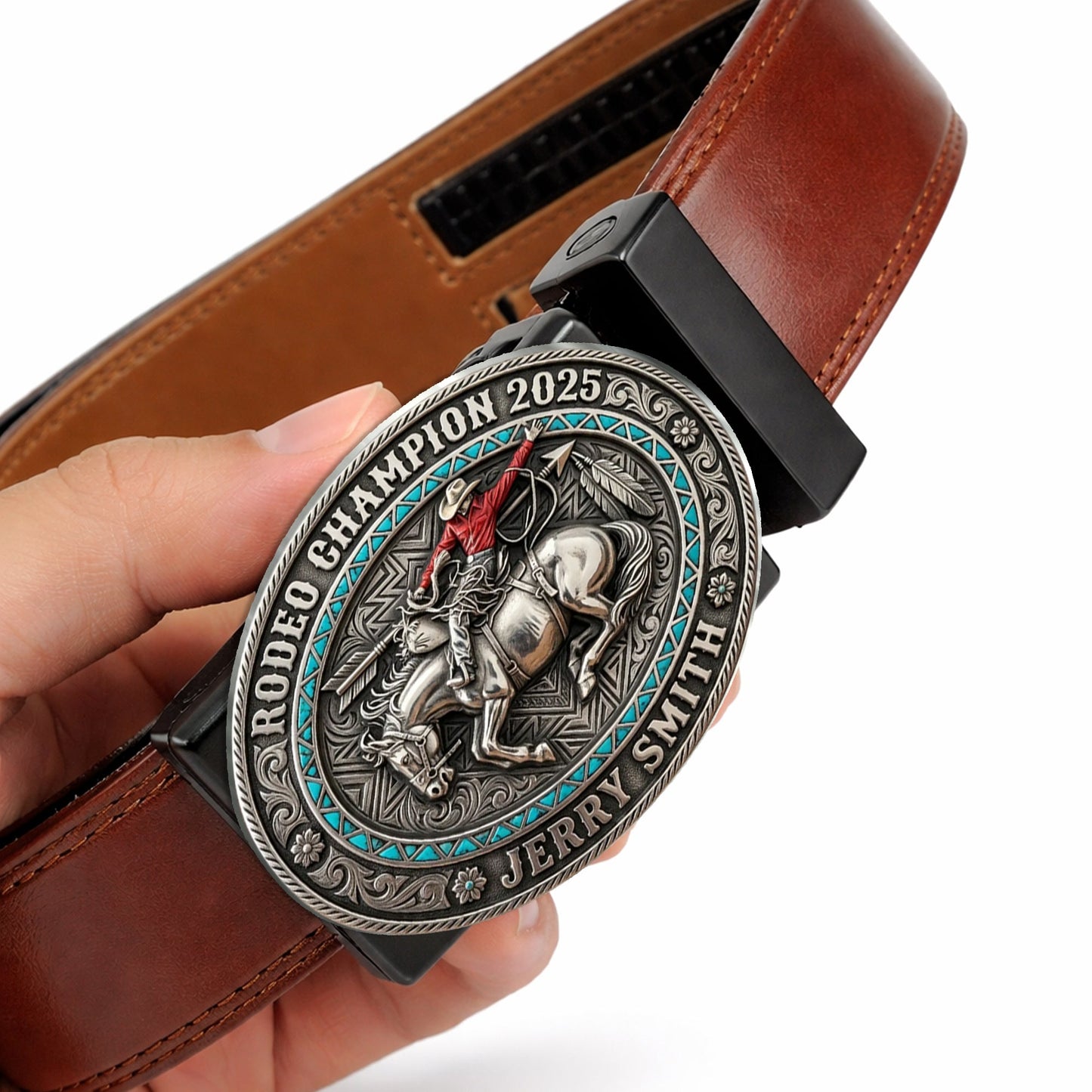 Custom From Any Photo, Rodeo Gift, Bull Riding - Personalized Western Outfit Leather Belt With Shaped Buckle