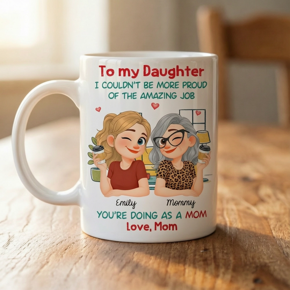 Personalized White Ceramic Mug with Proud Mom to Daughter Quote, Cute Cartoon Coffee Moment, Unique Gift for Mom or Daughter