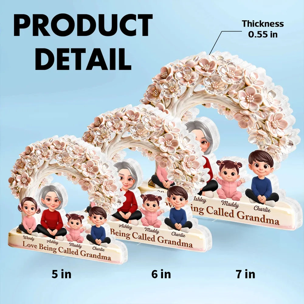 Shaped Acrylic Block Plaque with Grandma and Grandkids Under Blossom Tree, Personalized Home Accent, Thoughtful Gift for Grandma