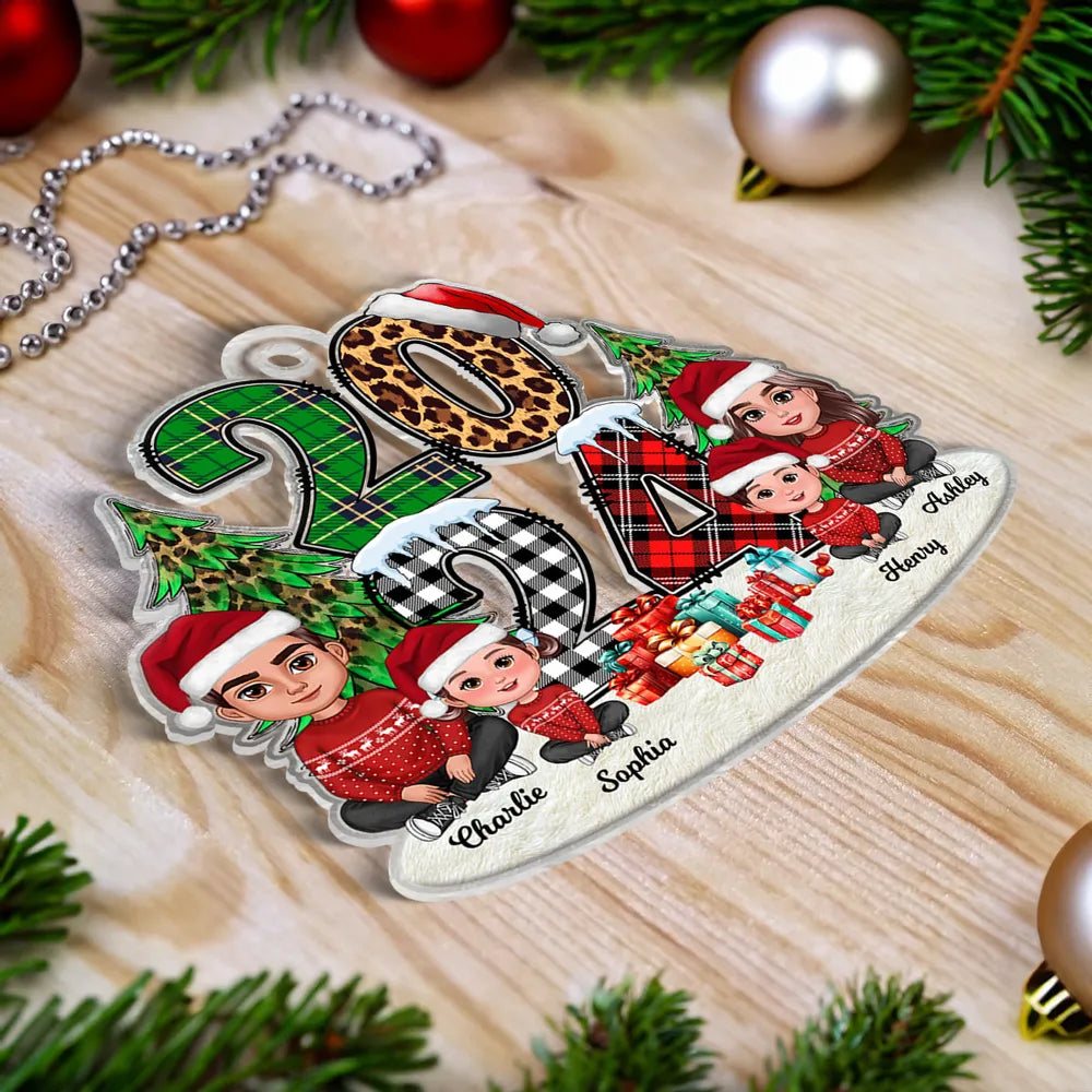 Christmas Family Sitting 2024 Stacked Pattern Personalized Ornament or Keychain or Plaque or Poster