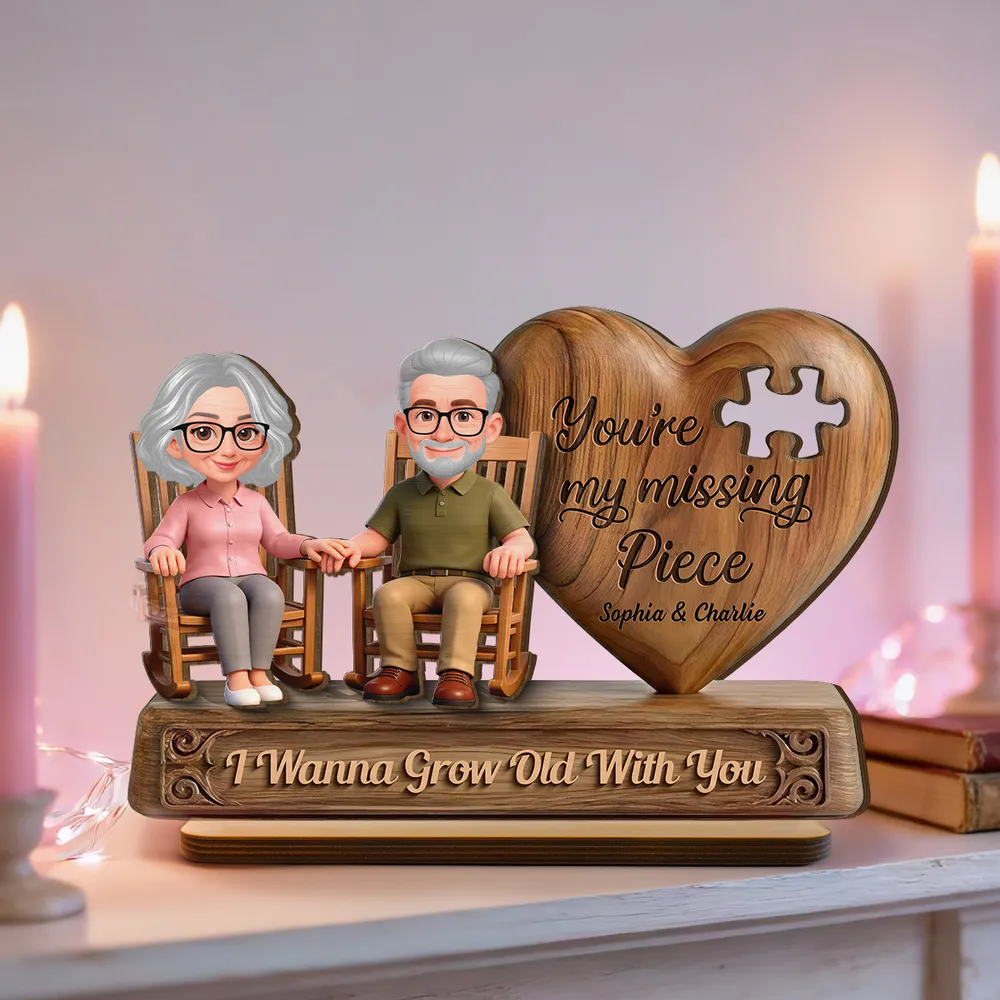 Personalized 2-Layer Wooden Plaque with Elderly Couple Holding Hands, You're My Missing Piece, Unique Gift for Couples