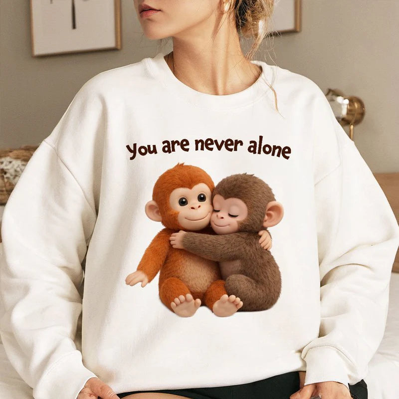 Personalized Classic Tee with Hugging Baby Monkeys You are never alone Quote - Unique Cute Gift for a Best Friend