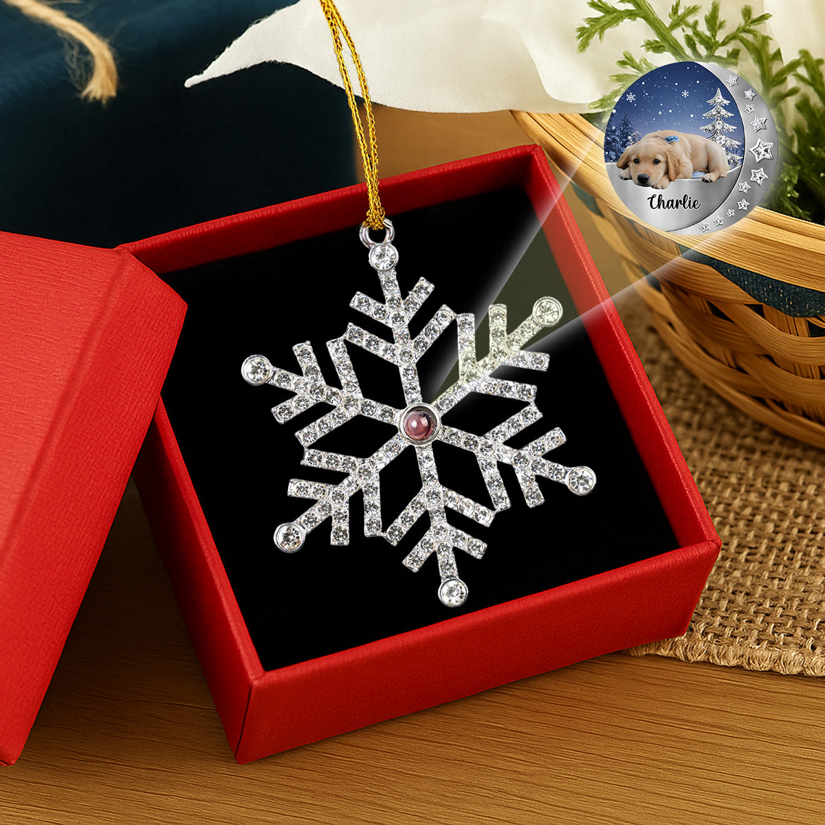 Photo Projection Ornament Crystal Snowflake, Pet Photo Keepsake with Snowy Night Scene, unique gift for pet parents