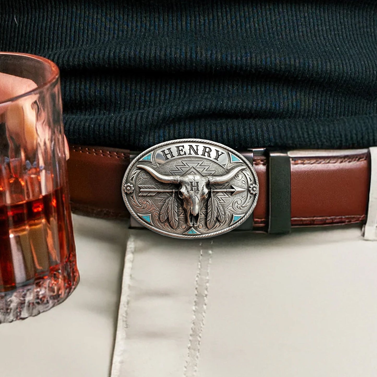 Custom Initial Western Spirit - Personalized Western Outfit Leather Belt With Shaped Buckle