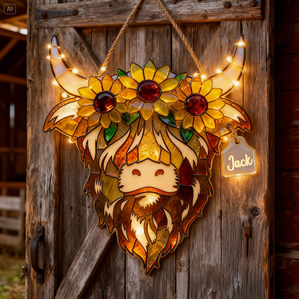 Highland Cow With Sunflowers - Personalized Highland Cow LED Light Acrylic Sign