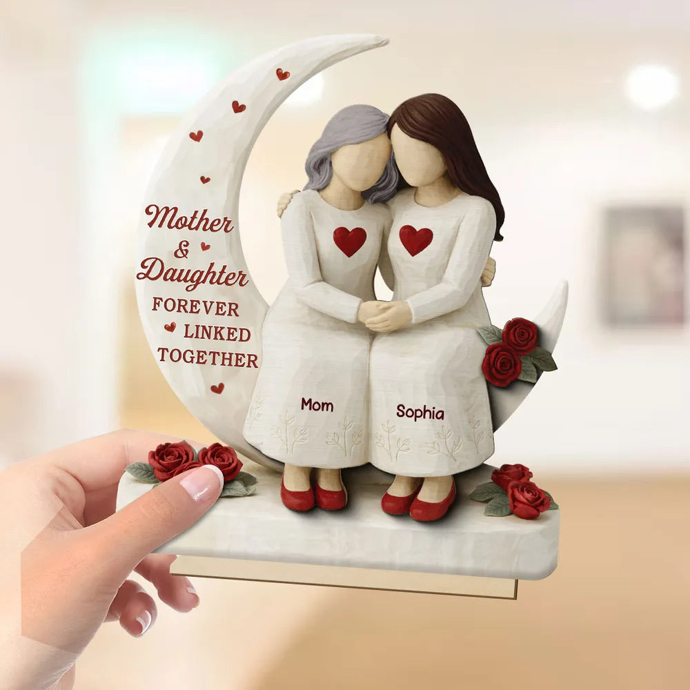 Personalized 2-Layer Wooden Plaque Mother & Daughter Forever Linked Together, Hugging Figurines with Roses, Unique Gift for Mom