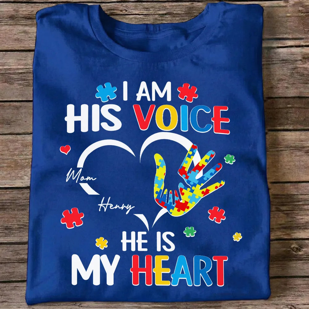 Personalized Autism Awareness Classic Tee I Am His Voice He Is My Heart Puzzle Hand Unique Gift for Mom