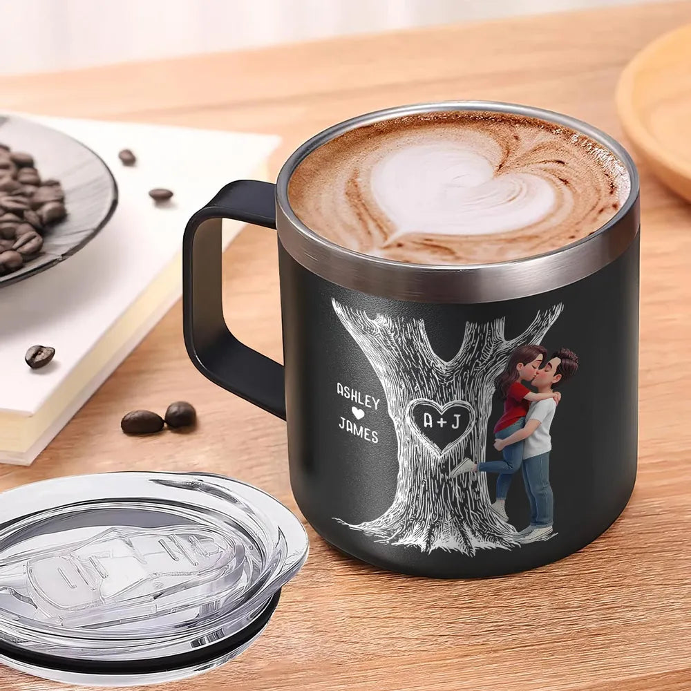 Personalized Stainless Steel Coffee Mug with Kissing Couple & Heart Initials Tree, Unique Romantic Gift for Him or Her