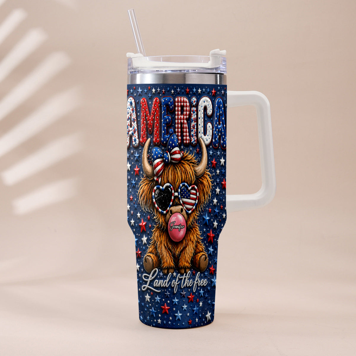 Land Of The Free - Personalized Highland Cow Tumbler With Plush Charm