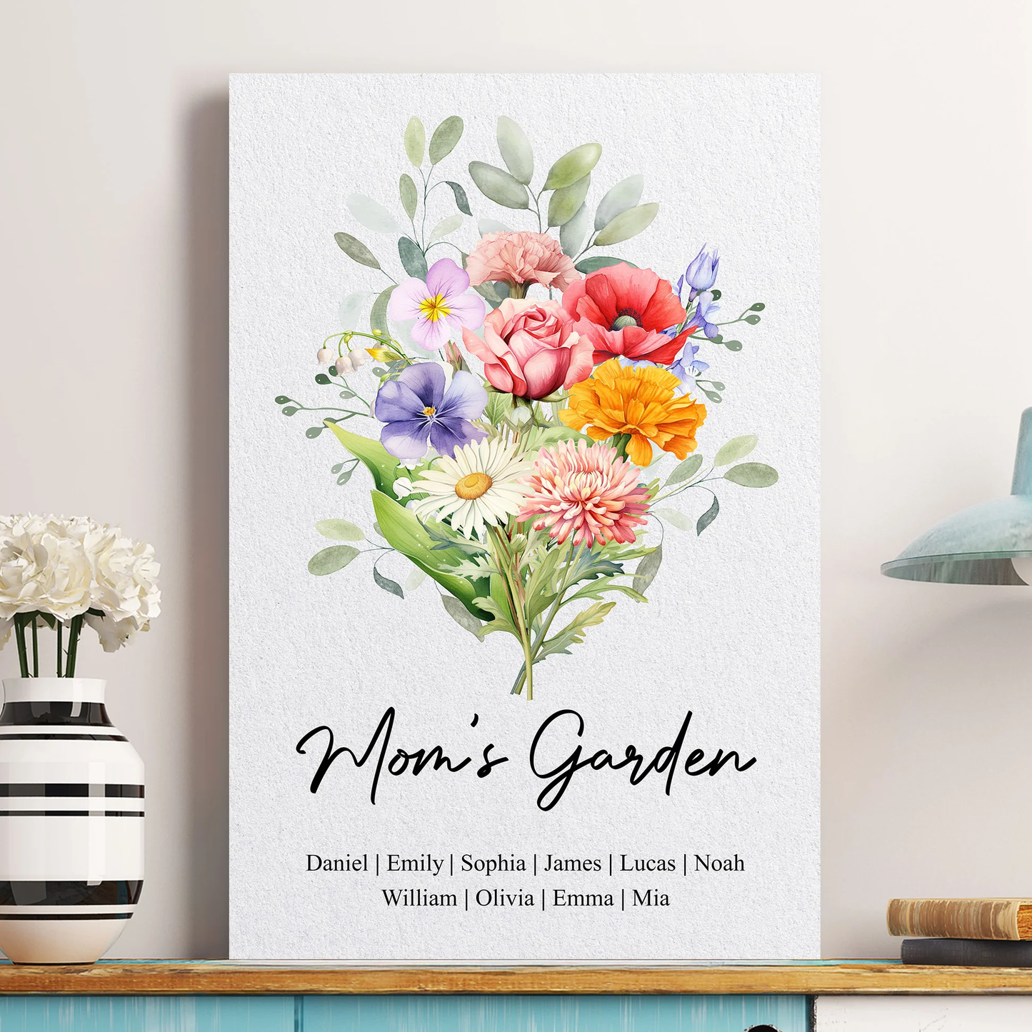 Personalized Birth Flower Bouquet Poster for Mom's Garden - Watercolor Family Keepsake, Unique Gift for Mom or Grandma