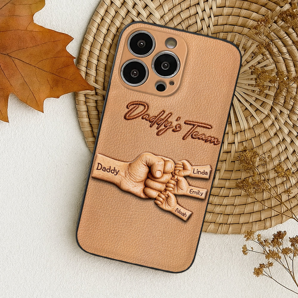 Daddy's Team - Personalized Father 3D Embossed Leather Phone Case