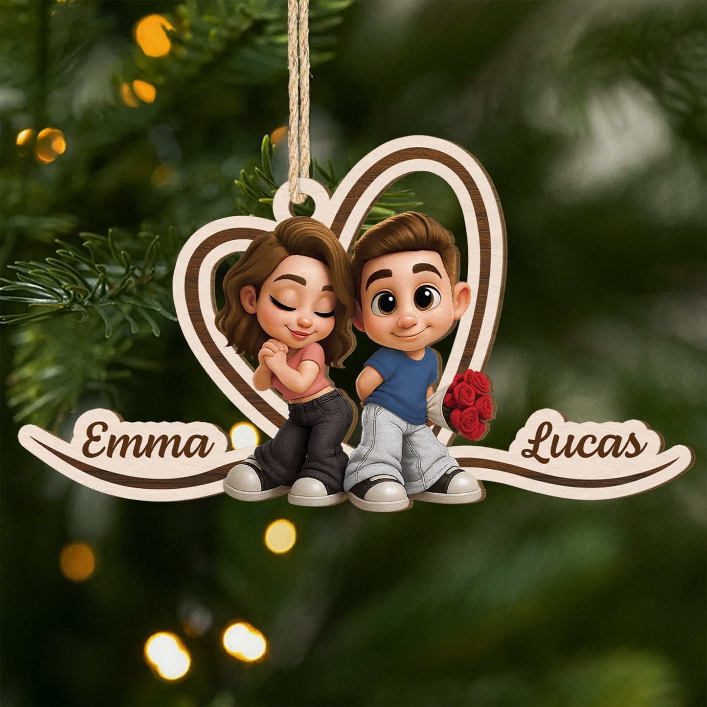 Custom Couple Wooden Ornament with Y2K Style Cartoon Art, Sweet Holiday Keepsake and Unique Romantic Gift