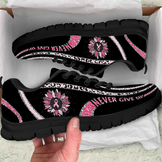 Never Give Up Pink Ribbon Leopard Sunflower - Pink October Breast Cancer Awareness Sneakers