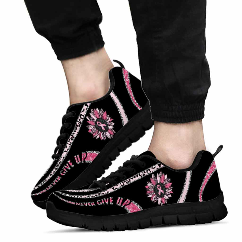 Never Give Up Pink Ribbon Leopard Sunflower - Pink October Breast Cancer Awareness Sneakers