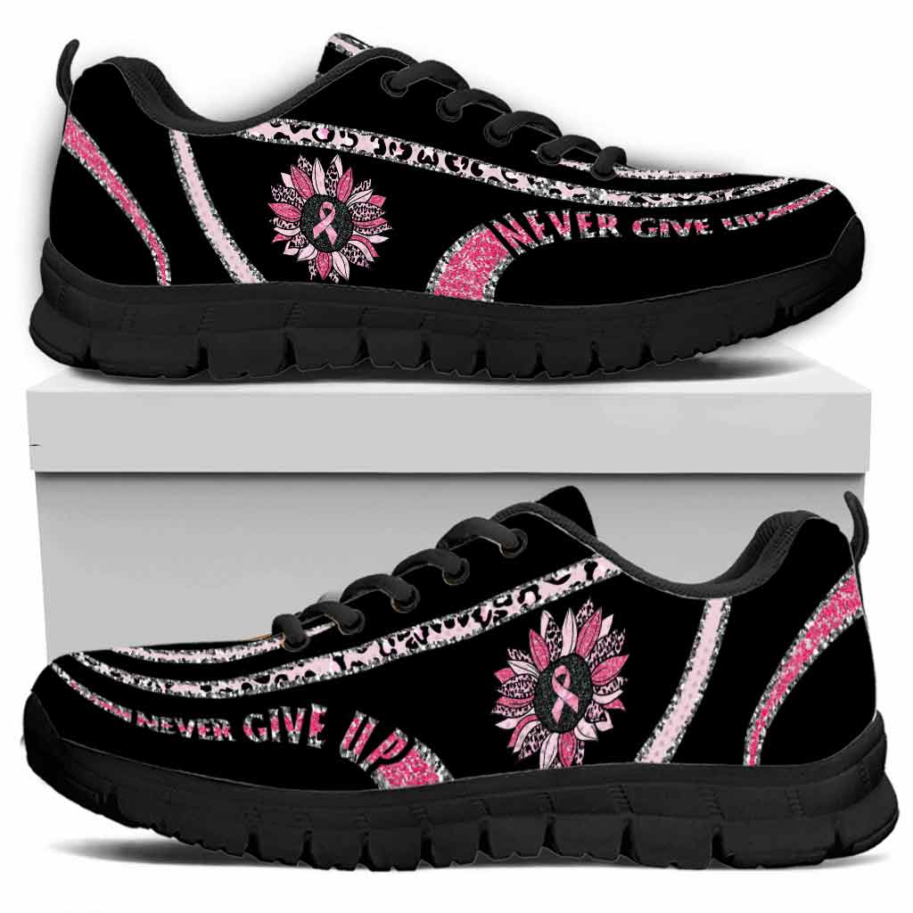 Never Give Up Pink Ribbon Leopard Sunflower - Pink October Breast Cancer Awareness Sneakers