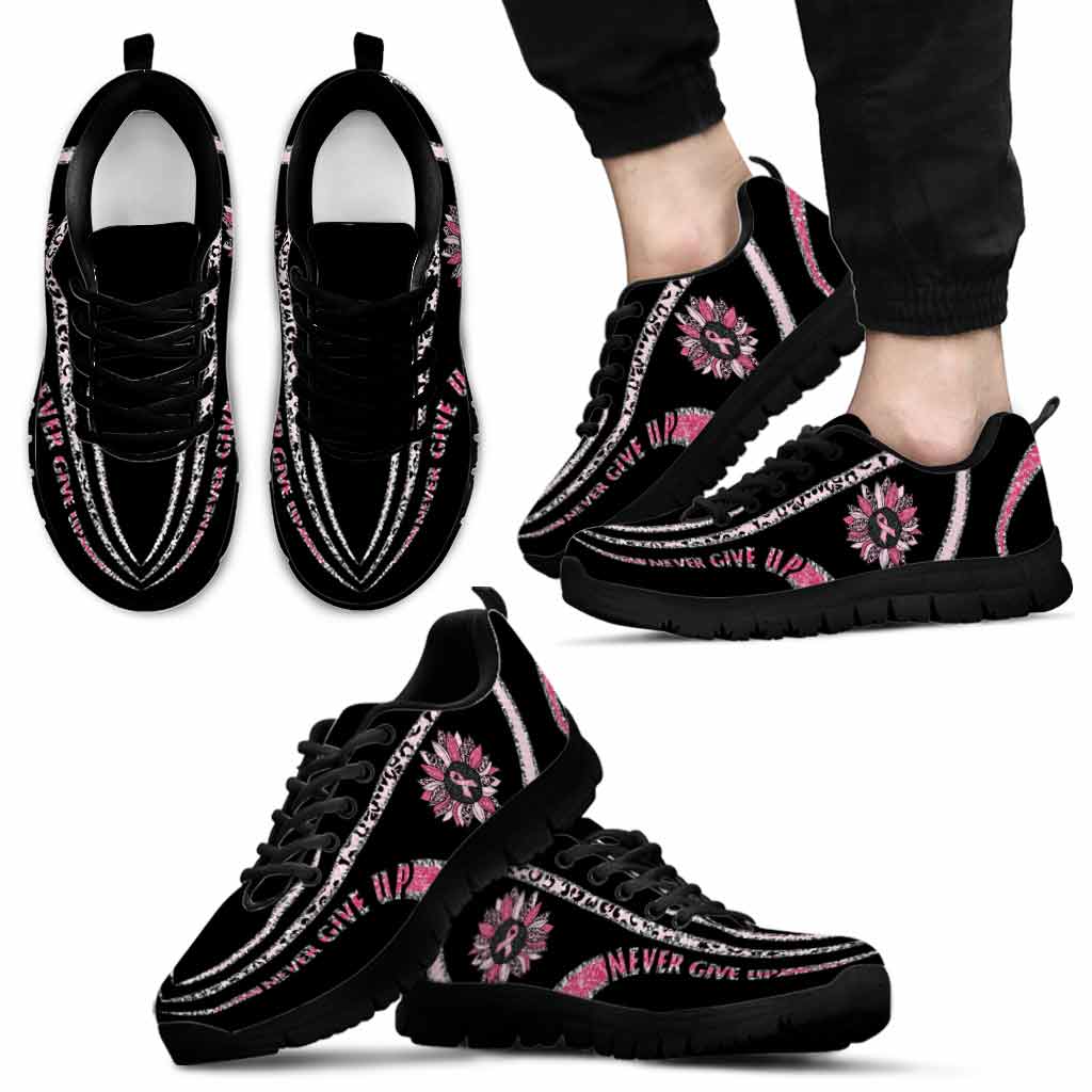Never Give Up Pink Ribbon Leopard Sunflower - Pink October Breast Cancer Awareness Sneakers