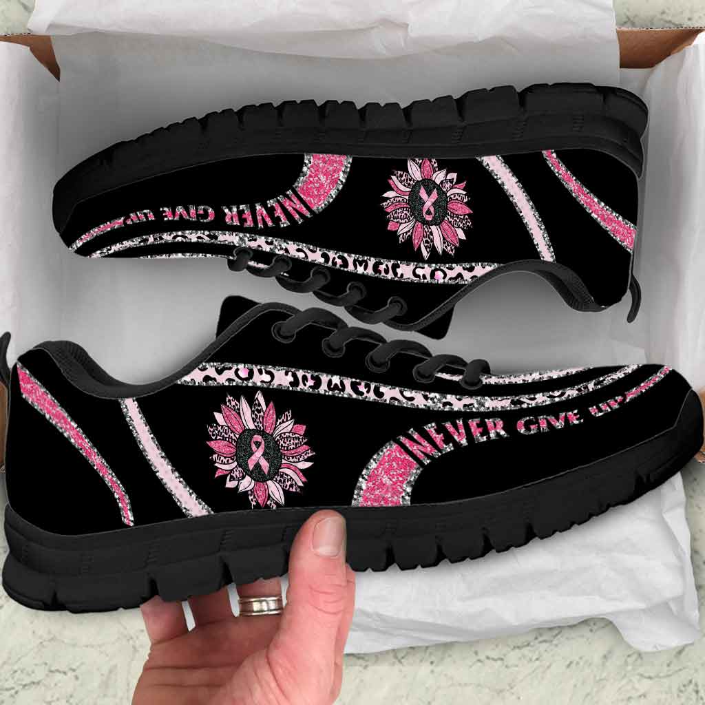 Never Give Up Pink Ribbon Leopard Sunflower - Pink October Breast Cancer Awareness Sneakers