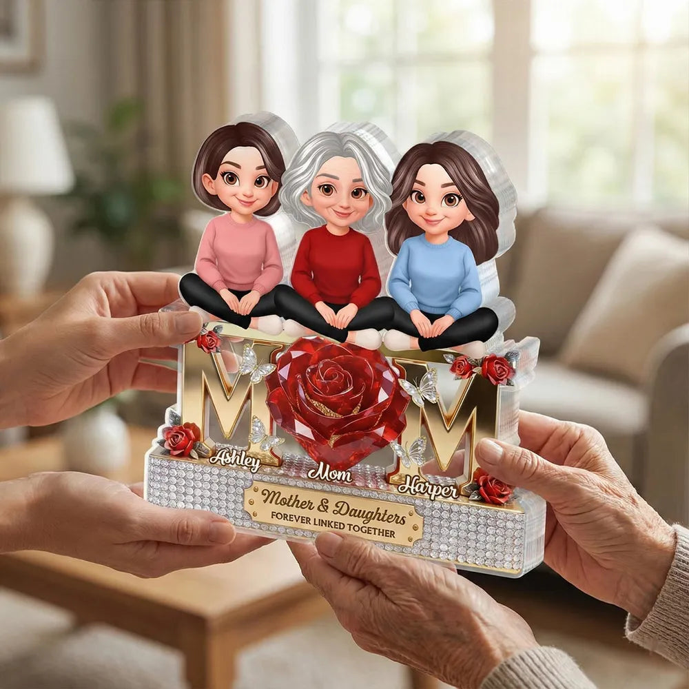 Personalized Shaped Acrylic Block Plaque Mom & Daughters Rose Design for Shelf Decor, Unique Gift for Mom