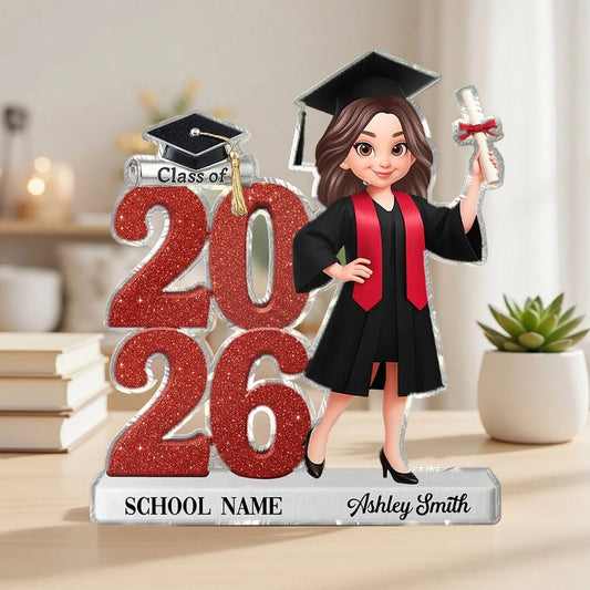 Personalized Shaped Acrylic Block Plaque Graduation Decor, Cute Cartoon Grad Holding Diploma, Unique Gift