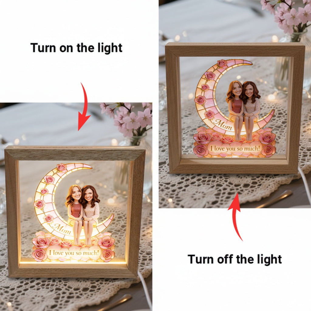 Custom Any Photo Love Mom, Grandma To The Moon - Personalized Mother Wooden Frame LED Light