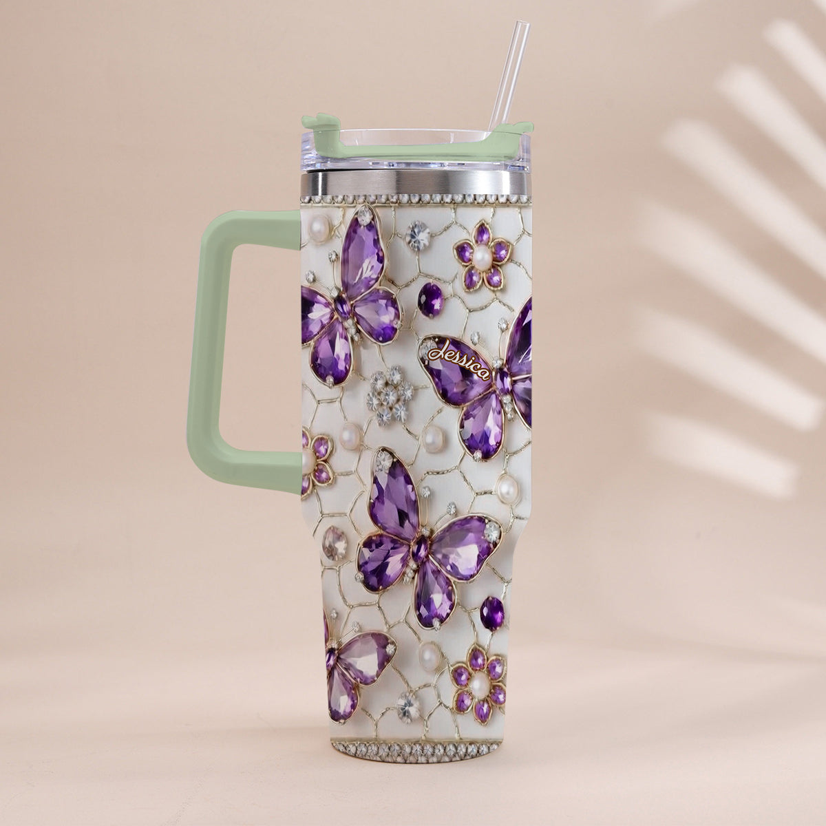 Love Butterflies - Personalized Butterfly Tumbler With Handle