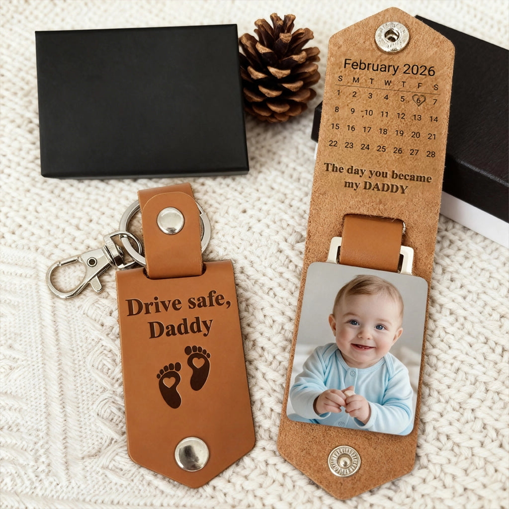 Personalized Leather Photo Keychain With Mini Calendar for New Dads, The Day You Became My Daddy, Unique Gift for Dad