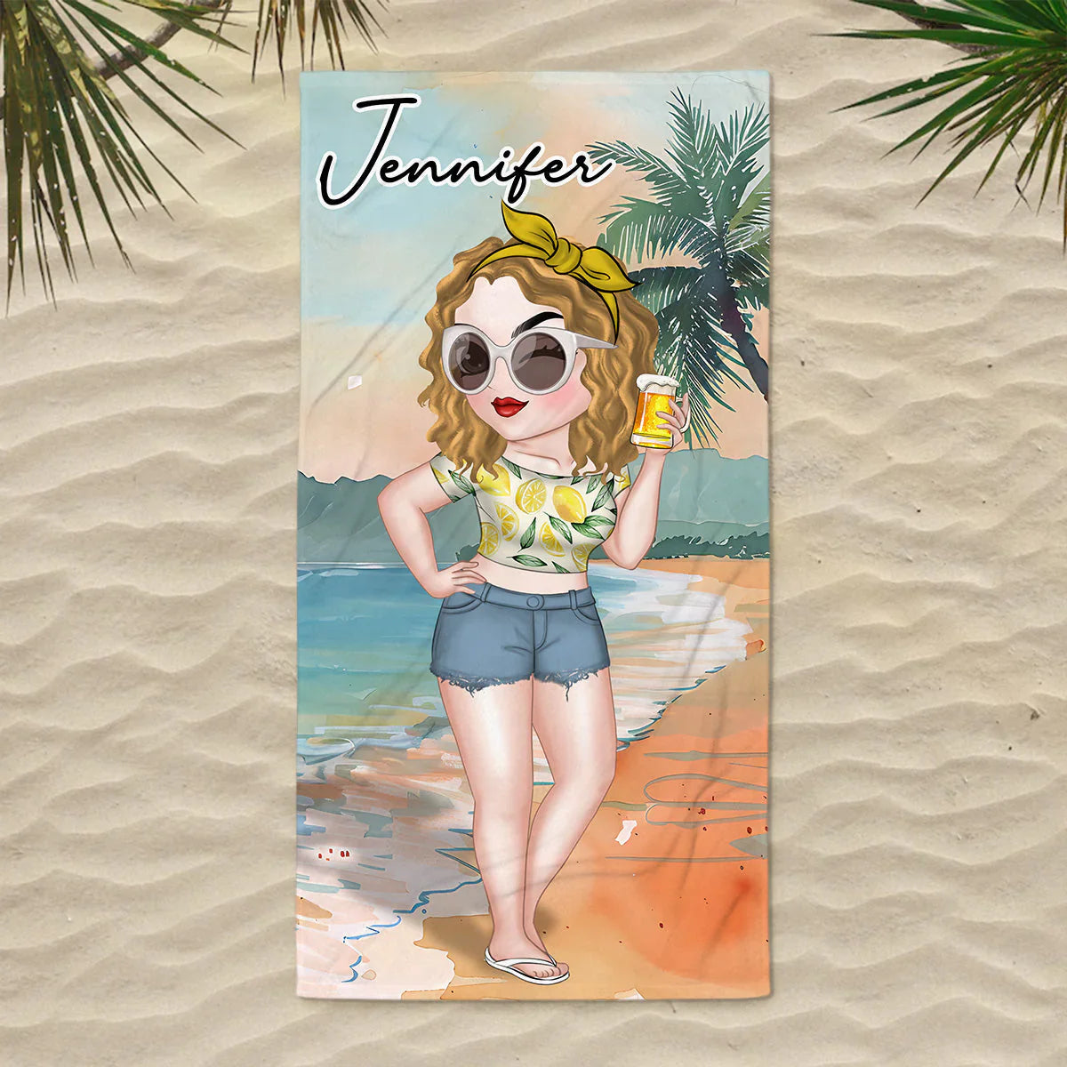 Personalized Beach Towel with Stylish Summer Lady Cartoon, Colorful Poolside Beach Trip Decor, Unique Gift for Her