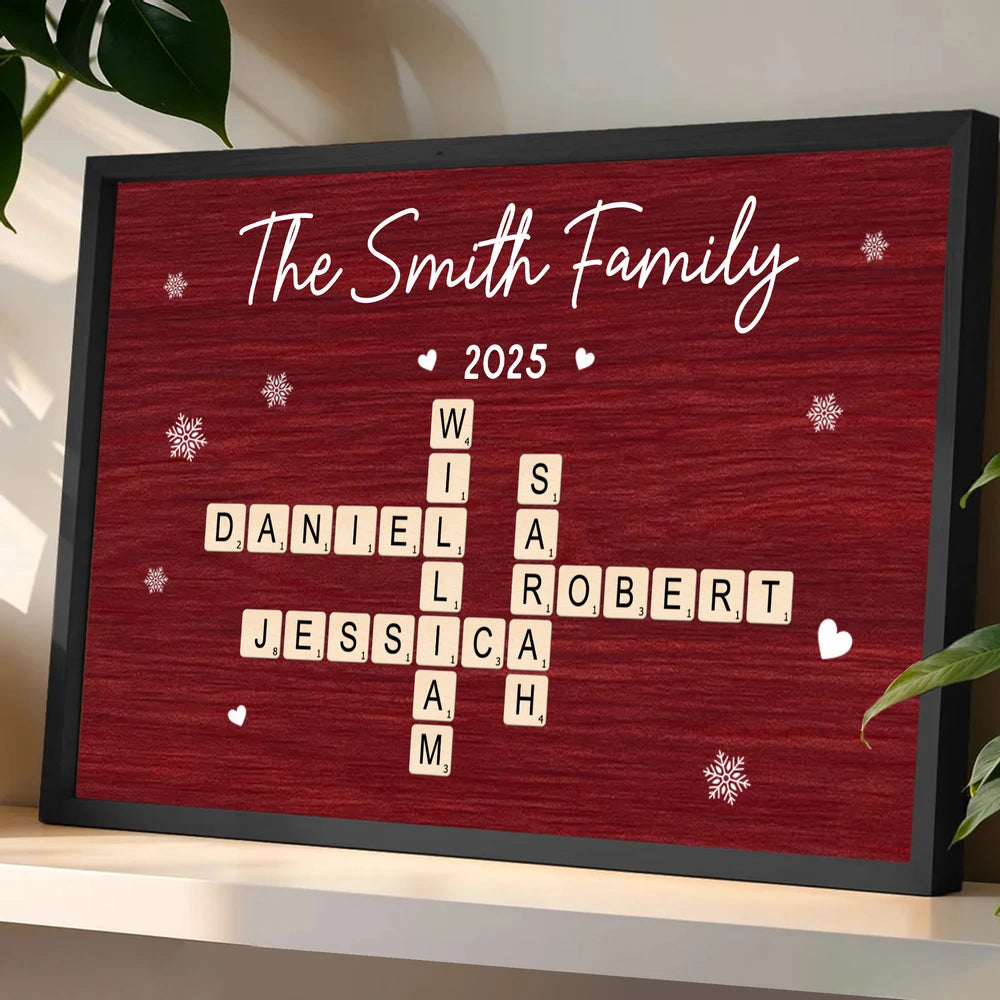 Personalized Family Name Poster with Crossword Tiles, Custom Wall Art for a Cozy Holiday Home, Unique Gift for Loved Ones or Housewarming