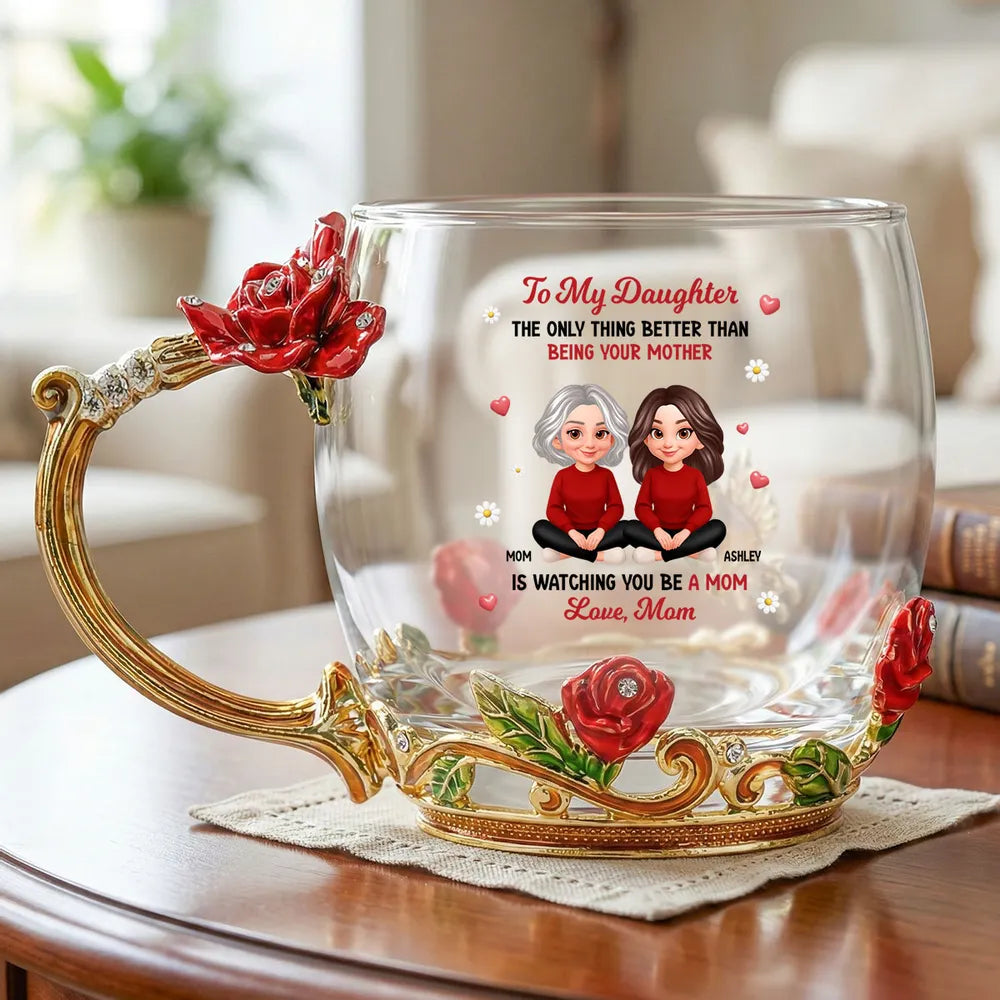 Personalized Enamel Flower Tea Cup with Mom and Daughter Illustration, Sweet Mother and Daughter Gift for Mother's Day