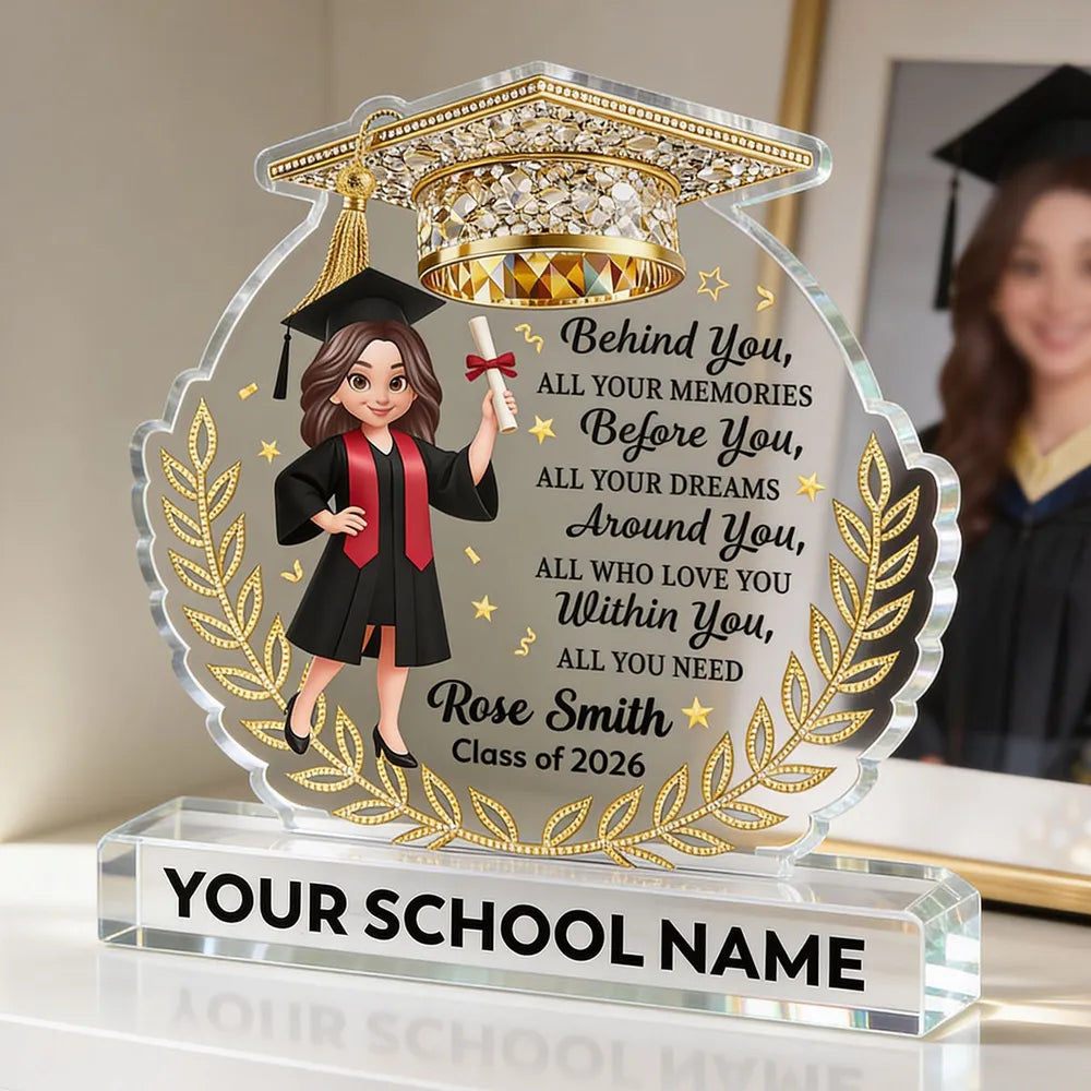 Personalized Shaped Acrylic Block Plaque Graduation Girl With Cap Quote, Unique Keepsake Gift for Grad, Shiny Gold Look Decor