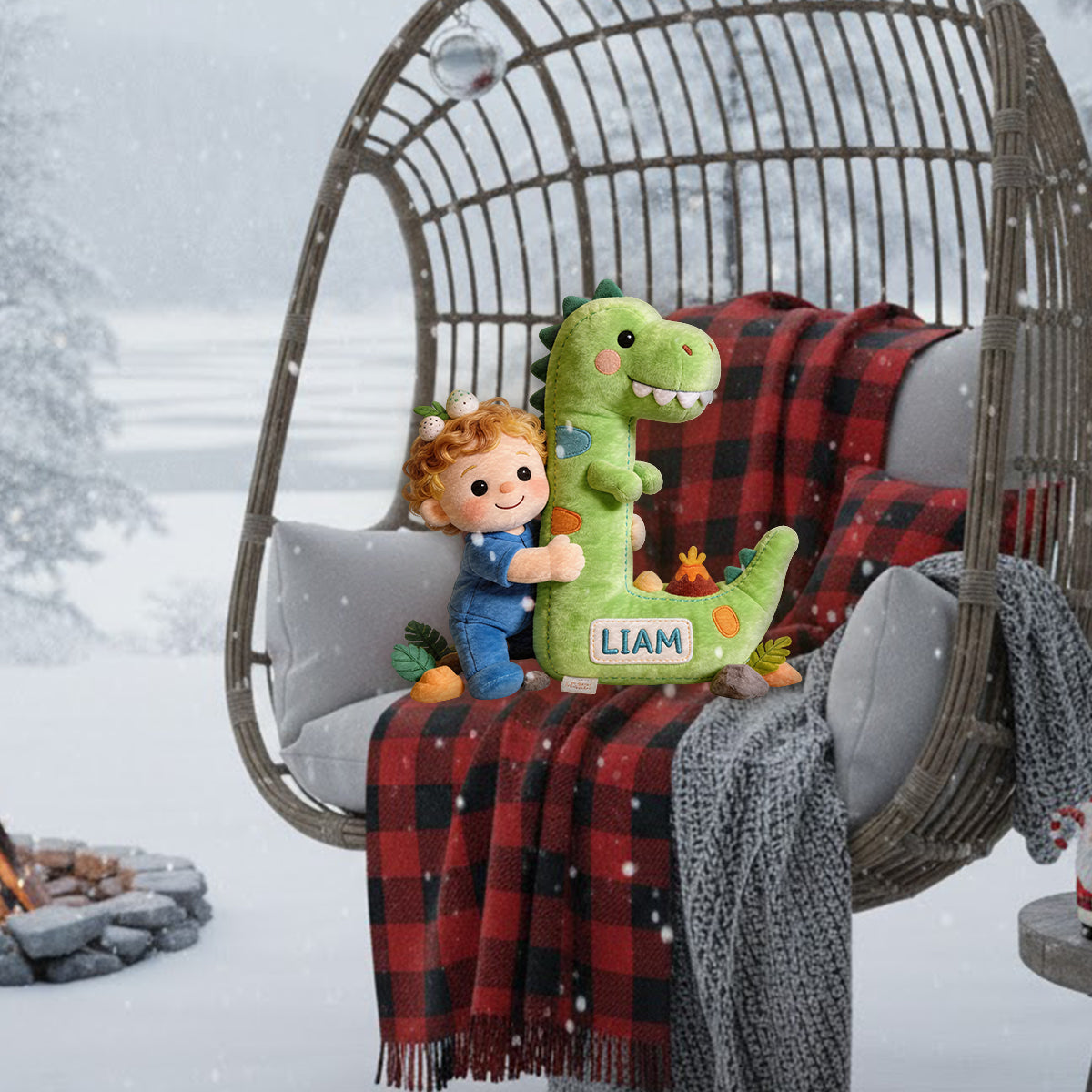 Dinosaur Alphabet Letter & Custom Photo - Personalized Kid Premium Faux Fur Pillow