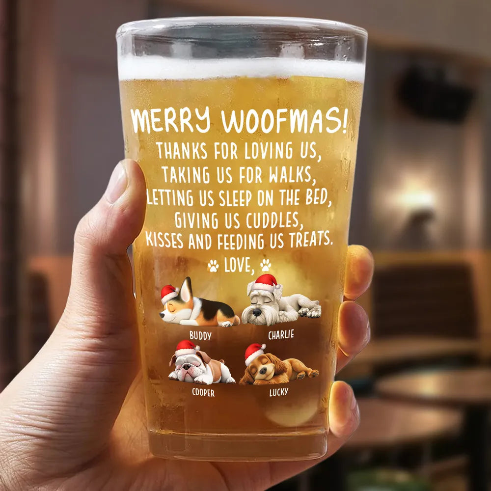 Beer Glass for Dog Lovers - Sleeping Puppy Santa Design, Christmas Message, a unique personalized gift for the home bar
