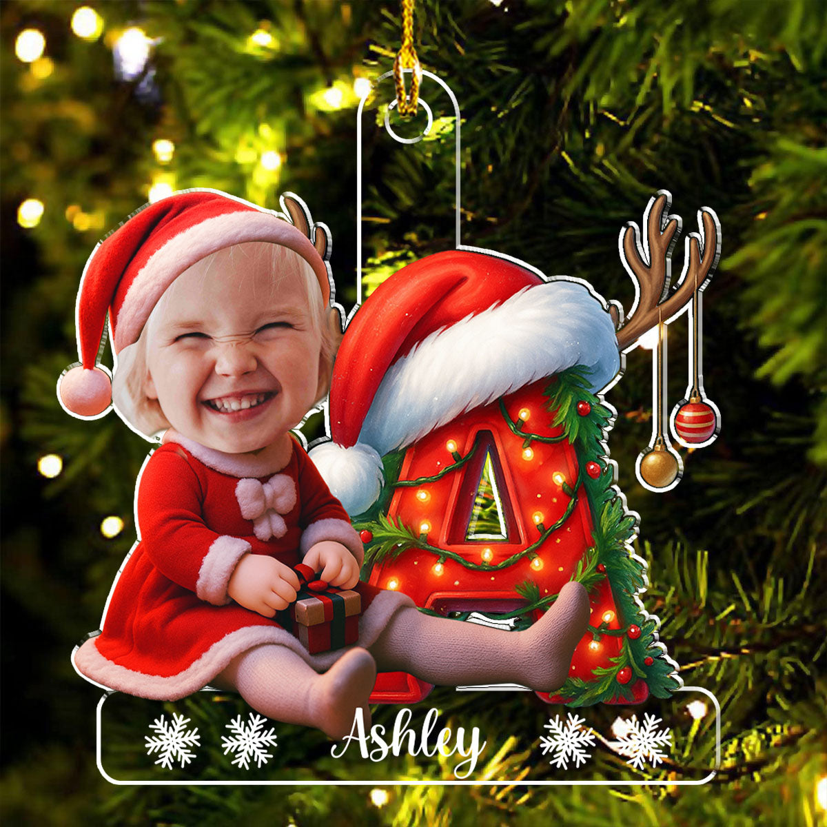 Christmas Acrylic Ornament - Photo Initial with Santa Hat & Lights, easy to hang, a unique gift for Parents & Grandparents