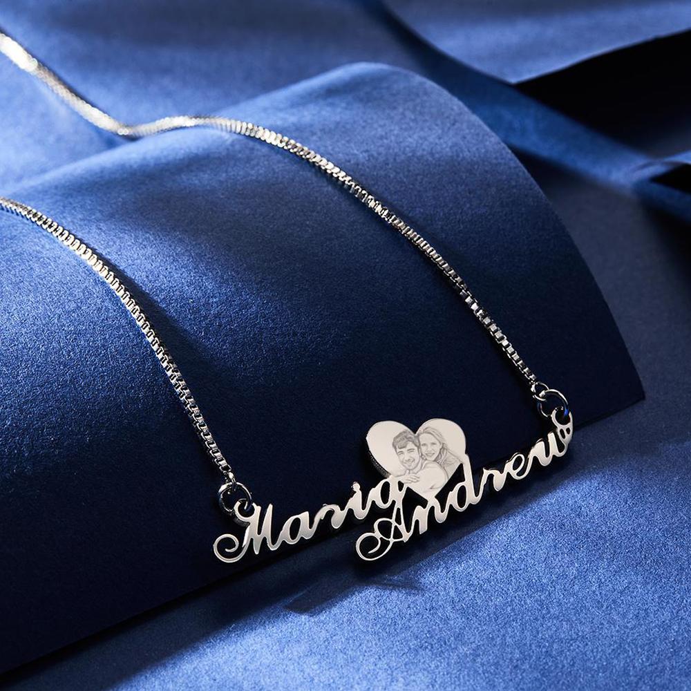 Engraved Heart Photo With Names - Personalized Couple Engraved Heart Photo Necklace