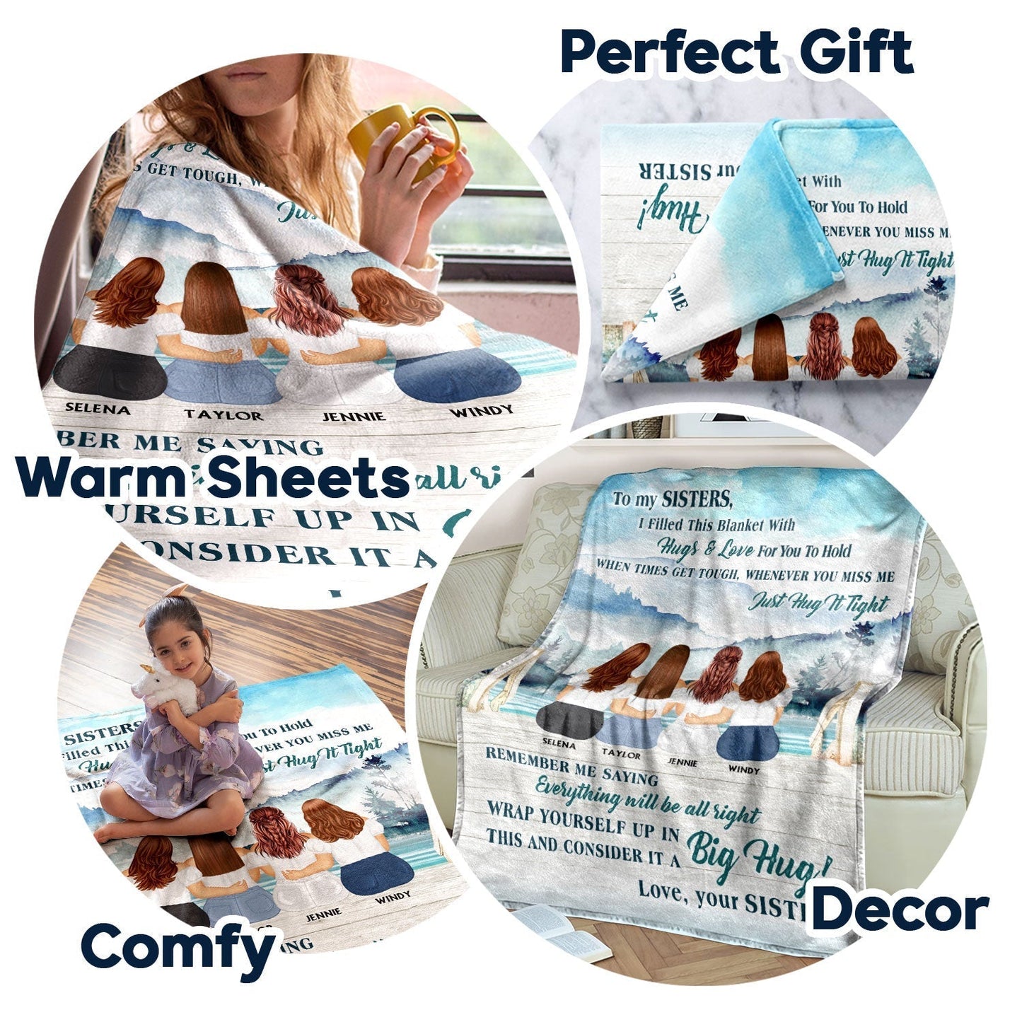 "To Our Sister" Personalized Custom Watercolor Sisters Hug Fleece Blanket, Unique Healing Gift for Sister, Friend, Soulmate