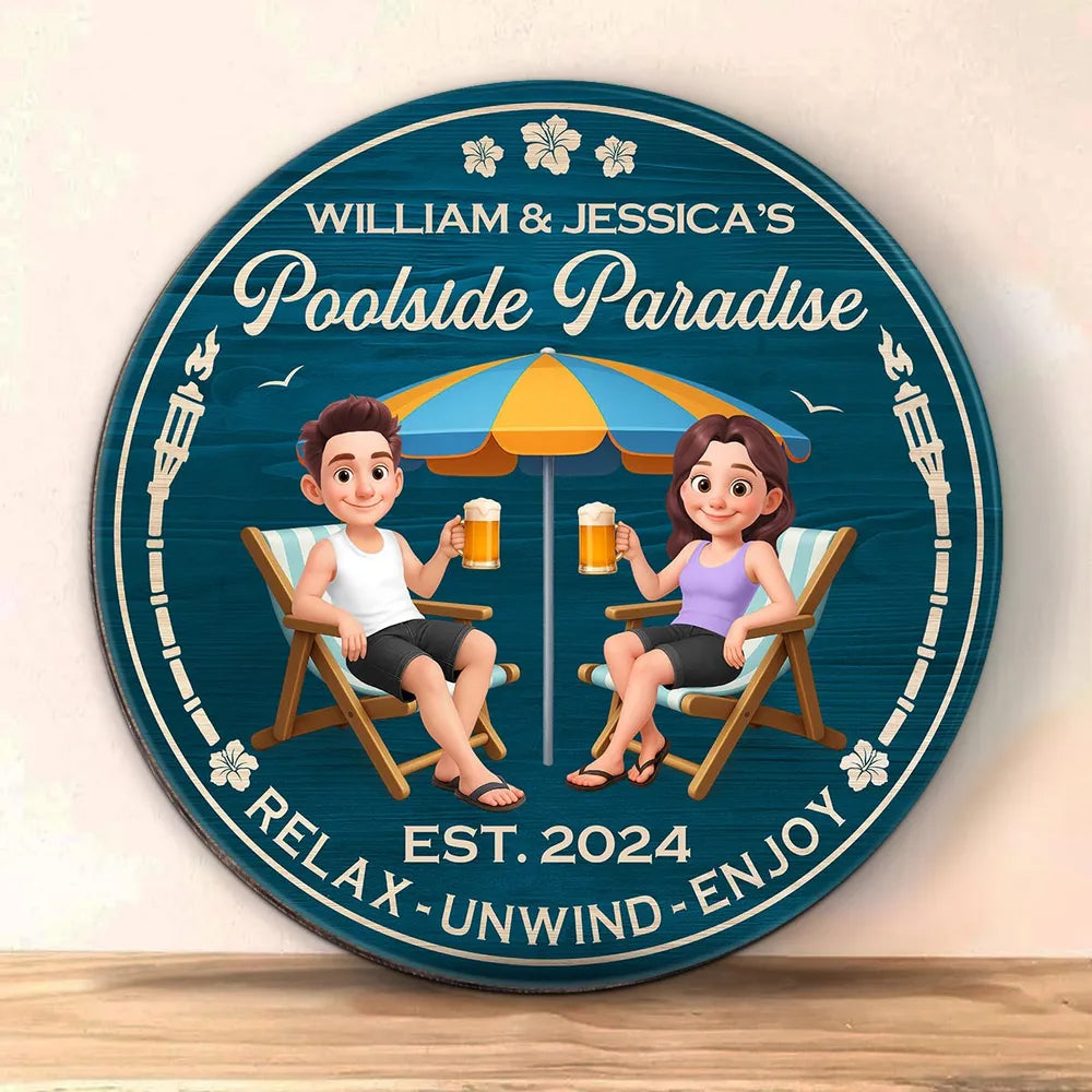Poolside Paradise Wooden Sign – Personalized Couple Design, Romantic Backyard Gift for Lover