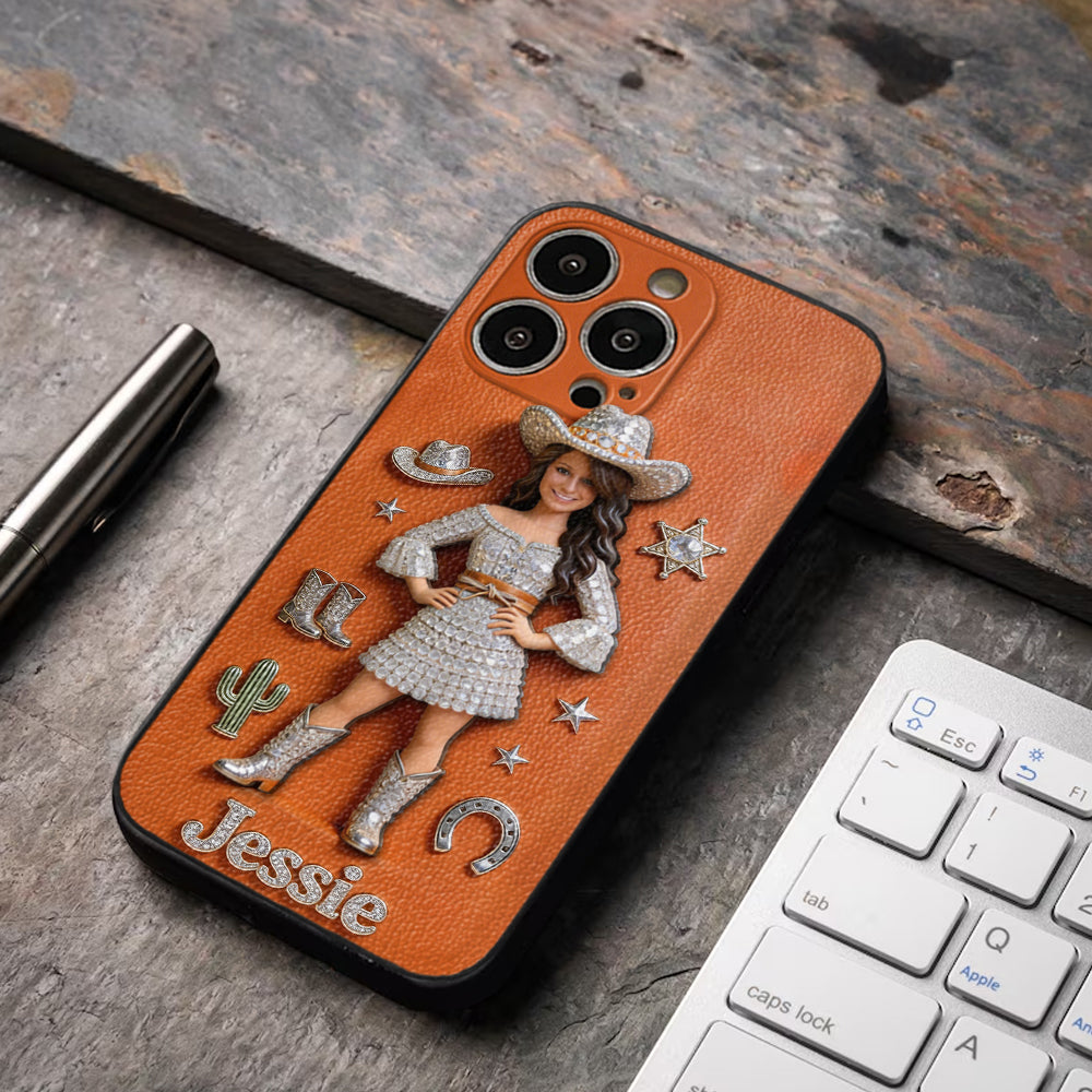 Cowgirl Spirit - Personalized Cowgirl 3D Embossed Leather Phone Case