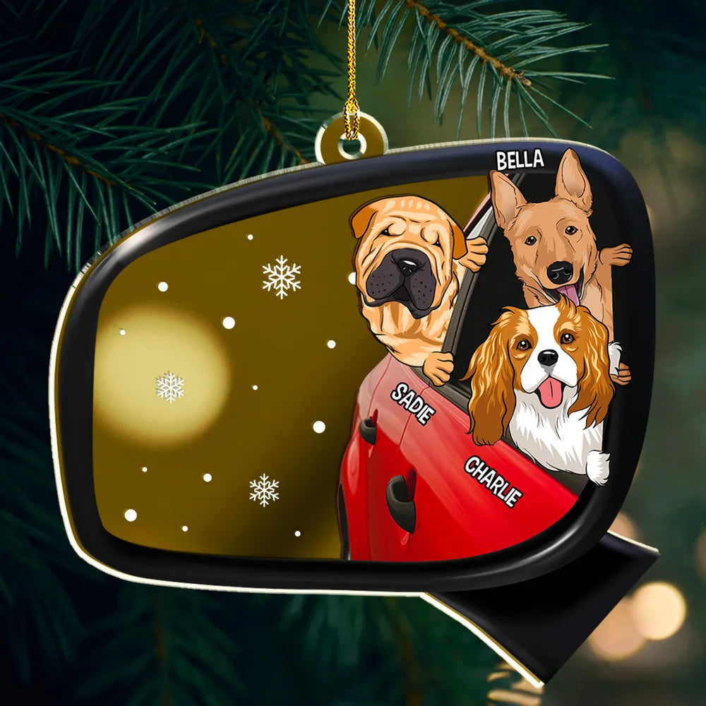 Acrylic Ornament - Personalized Mirrored Acrylic, Dog Head Out the Window, Snowy Scene, Unique Gift for Dog Lovers