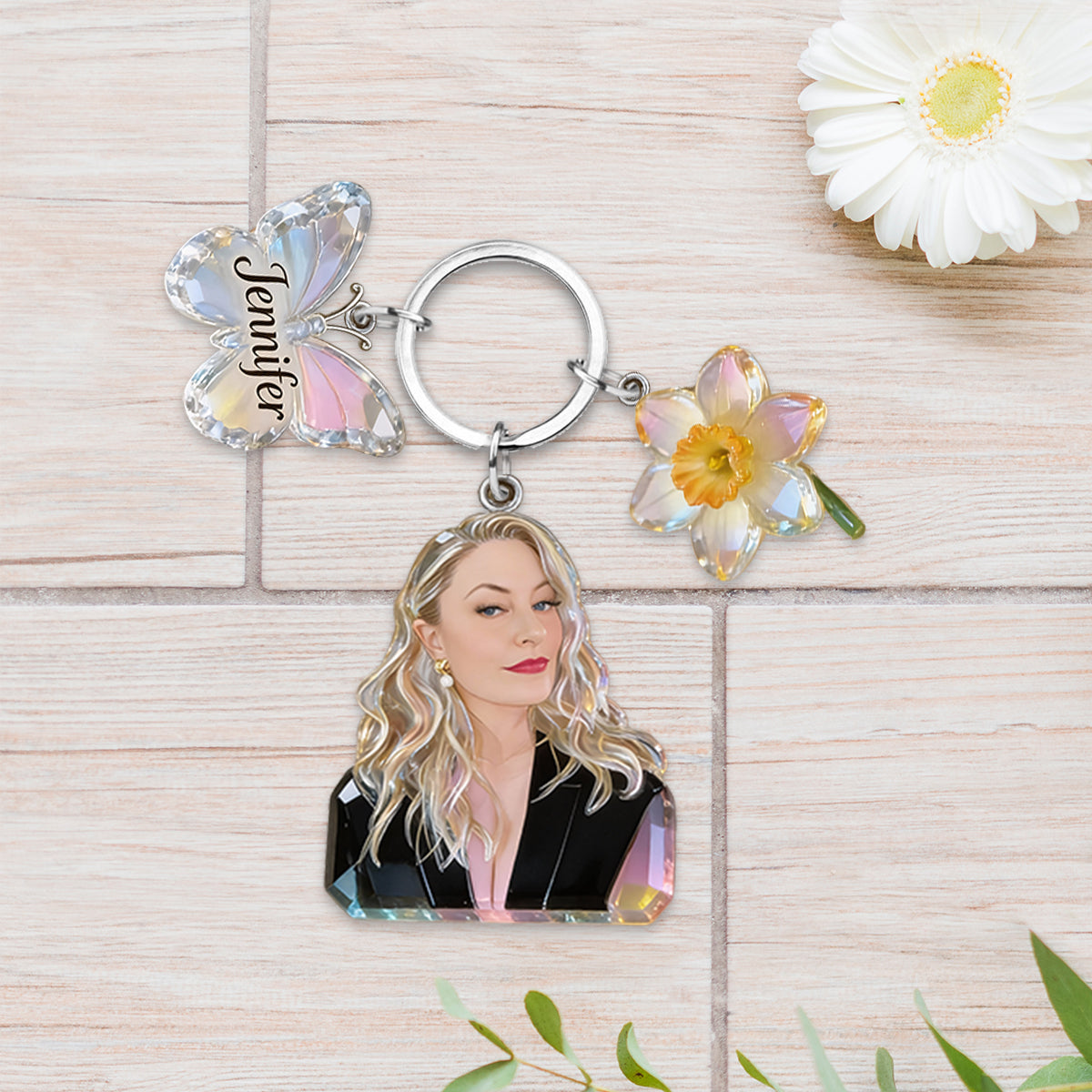 Custom Any Photo Birthmonth Flower - Personalized Self Love Keychain With Charms
