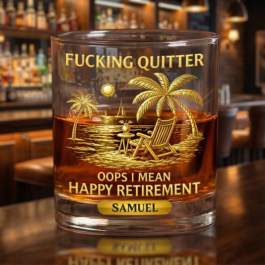 Funny Happy Retirement Whiskey Glass, Personalized Name Gift with Beach Chair Sunset Design - A Classy Bar Keepsake