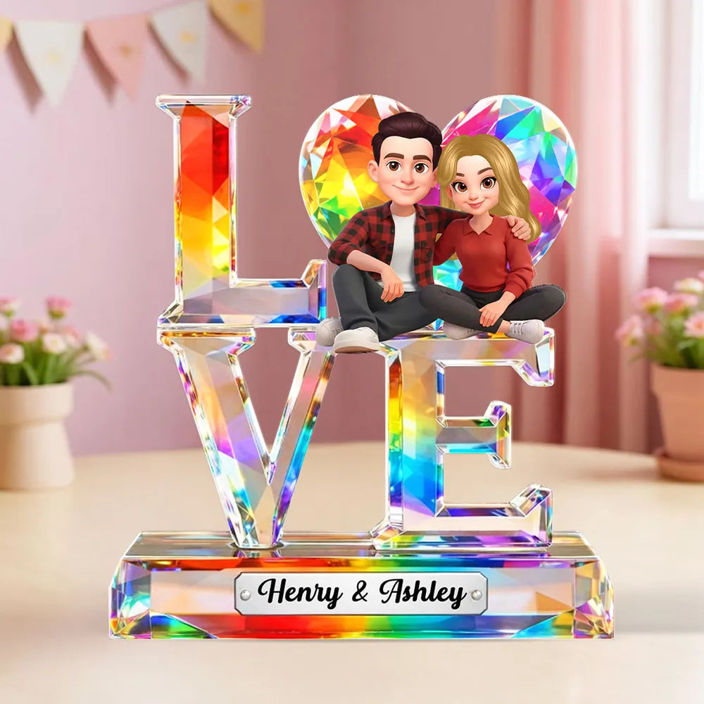 Personalized Shaped Acrylic Block Plaque LOVE with Heart & Cute Couple Sitting - Unique Valentine's Gift for Him or Her