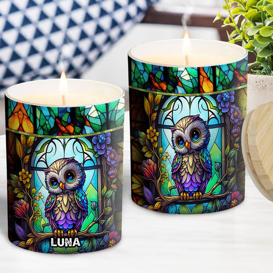 Colorful Owl - Personalized Owl Candle With Wooden Lid